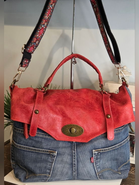 Levis Strauss Handbags - Levi's Denim & Red Italian Leather Convertible Handbag